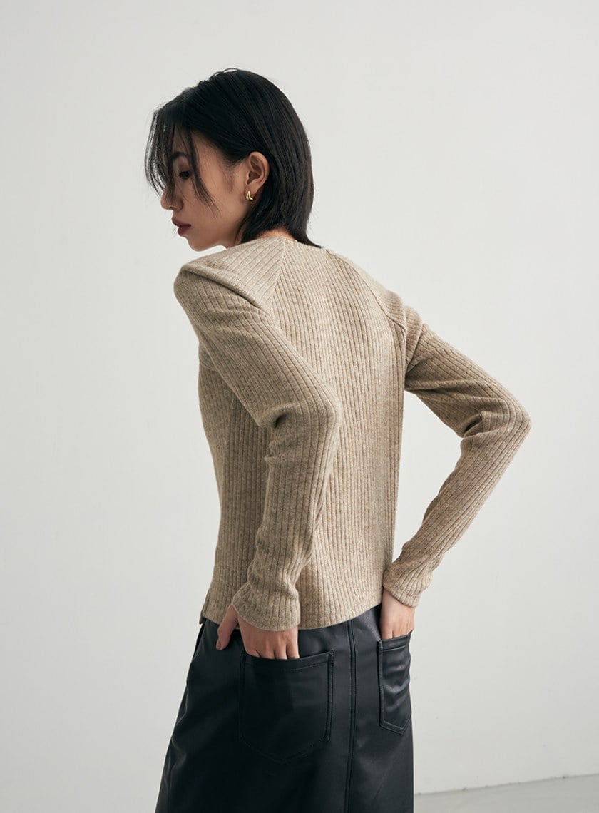 優雅方領坑條親膚長袖上衣